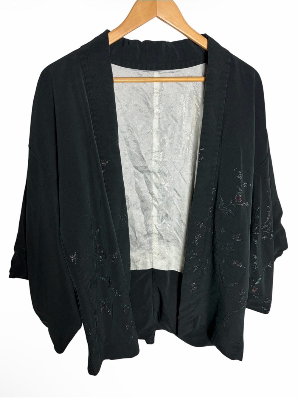Vintage black open front short kimono robe with iridescent floral design
